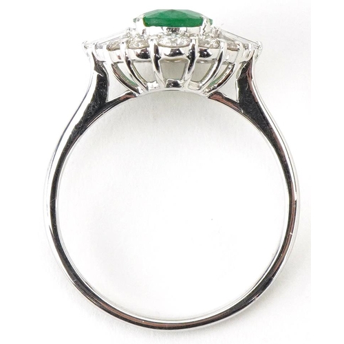 2433 - Art Deco style 18ct white gold emerald and diamond cluster ring with certificate, total diamond weig... 