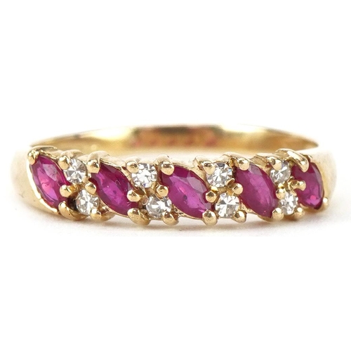 2270 - 9ct gold ruby and diamond thirteen stone half eternity ring, size P, 1.9g