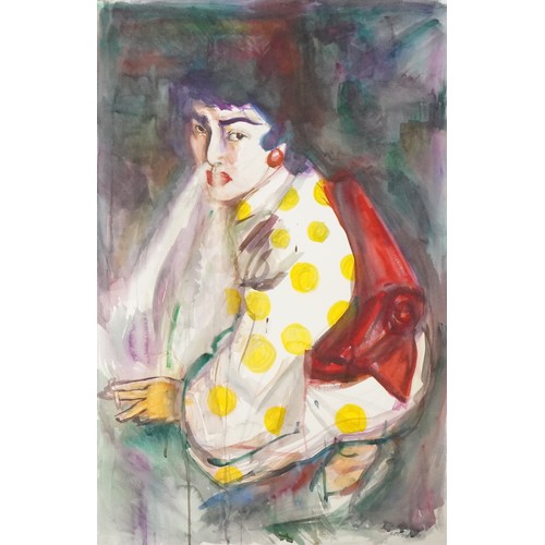 404 - K Storeby 2015 - Lady with cigarette, abstract watercolour, mounted and framed, 99cm x 63cm excludin... 