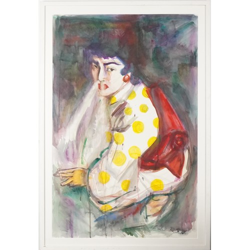 404 - K Storeby 2015 - Lady with cigarette, abstract watercolour, mounted and framed, 99cm x 63cm excludin... 