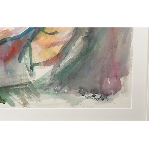 404 - K Storeby 2015 - Lady with cigarette, abstract watercolour, mounted and framed, 99cm x 63cm excludin... 