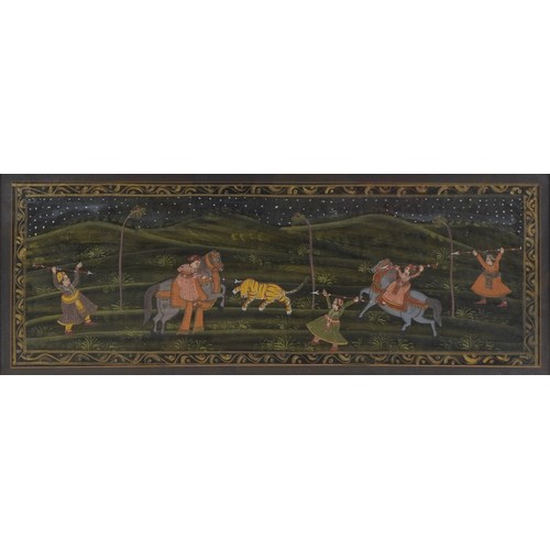 387 - Middle Eastern hand painted silk picture of a tiger hunt, framed and glazed, 102cm x 37cm excluding ... 