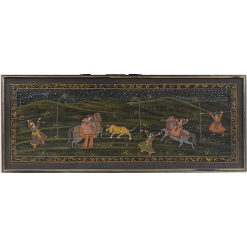 387 - Middle Eastern hand painted silk picture of a tiger hunt, framed and glazed, 102cm x 37cm excluding ... 