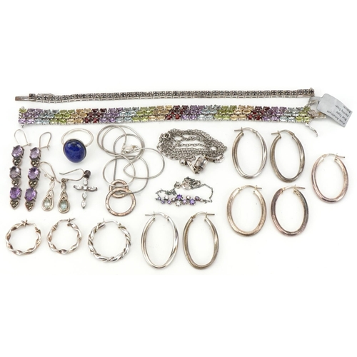 2695 - Silver and white metal jewellery including multi gem three row bracelet, hoop earrings and a lapis l... 