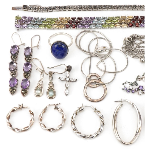 2695 - Silver and white metal jewellery including multi gem three row bracelet, hoop earrings and a lapis l... 