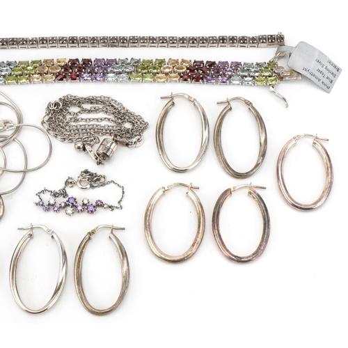 2695 - Silver and white metal jewellery including multi gem three row bracelet, hoop earrings and a lapis l... 