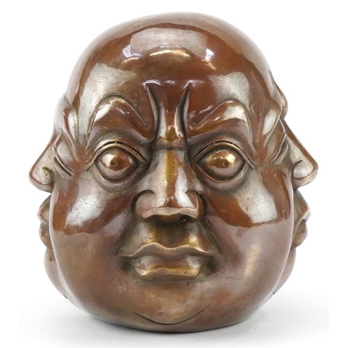 1347 - Chinese patinated bronze four face paperweight, 12cm high