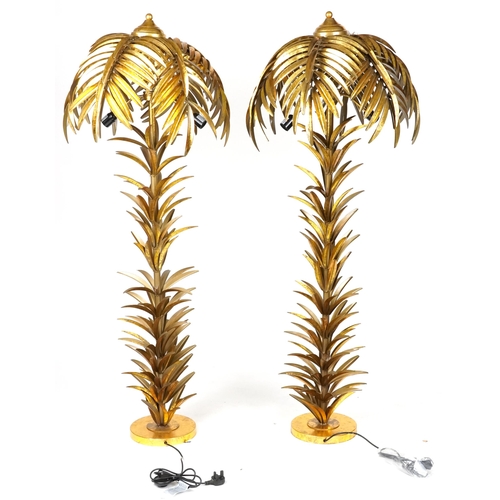 1017 - Pair of Hollywood Regency style gilt painted metal standard lamps in the form of palm trees, each 15... 