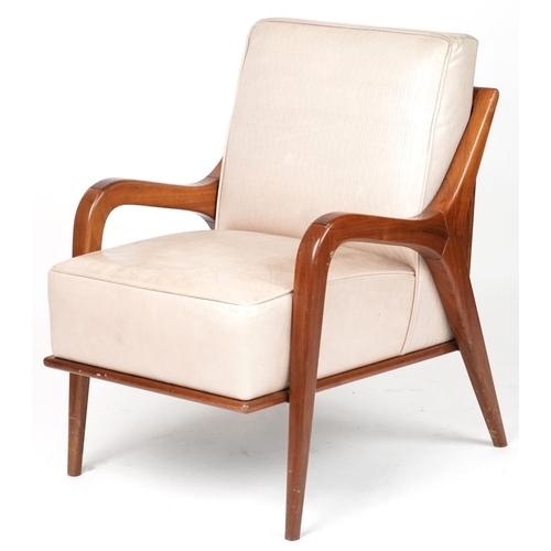 1023 - Scandinavian design hardwood lounge chair having cream upholstered back and seat, 86cm H x 62.5cm W ... 