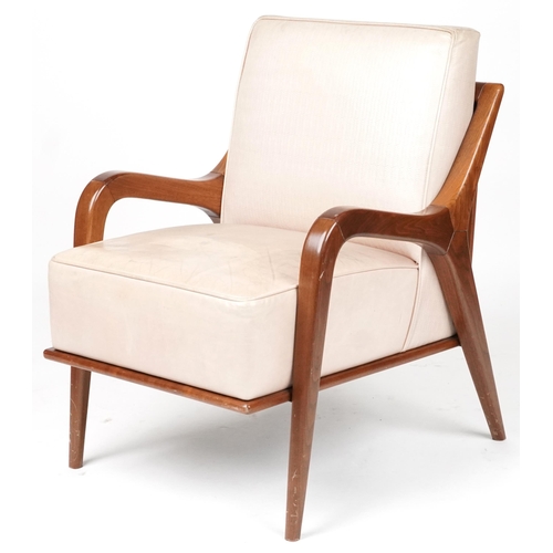 1022 - Scandinavian design hardwood lounge chair having cream upholstered back and seat, 86cm H x 62.5cm W ... 