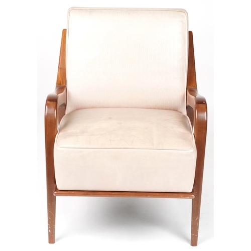 1022 - Scandinavian design hardwood lounge chair having cream upholstered back and seat, 86cm H x 62.5cm W ... 