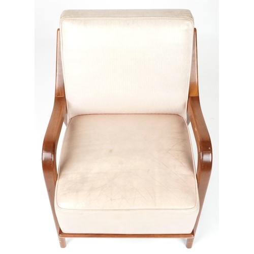 1022 - Scandinavian design hardwood lounge chair having cream upholstered back and seat, 86cm H x 62.5cm W ... 