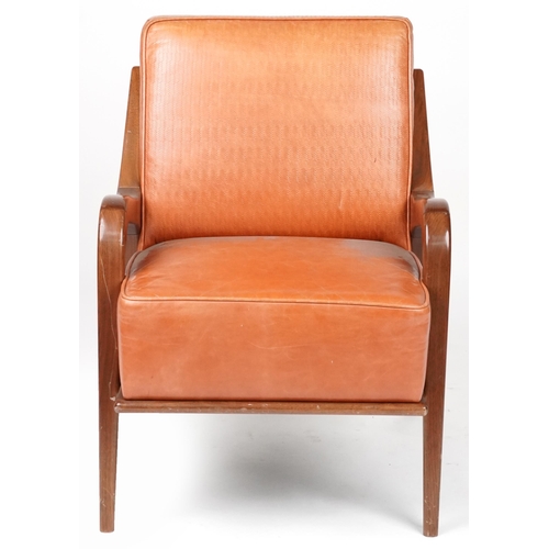 1015 - Scandinavian design hardwood lounge chair having tan upholstered back and seat, 86cm H x 62.5cm W x ... 