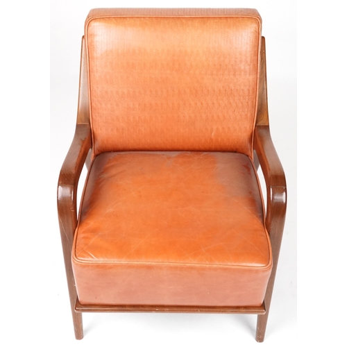 1015 - Scandinavian design hardwood lounge chair having tan upholstered back and seat, 86cm H x 62.5cm W x ... 