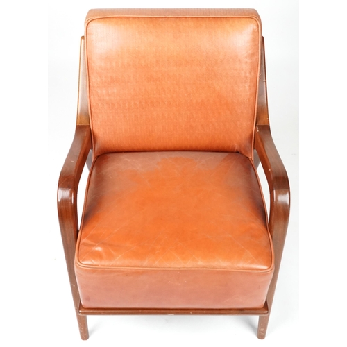 1016 - Scandinavian design hardwood lounge chair having tan upholstered back and seat, 86cm H x 62.5cm W x ... 