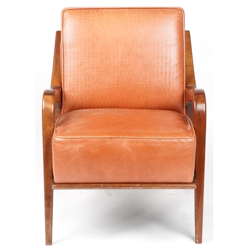 1036 - Scandinavian design hardwood lounge chair having tan upholstered back and seat, 86cm H x 62.5cm W x ... 