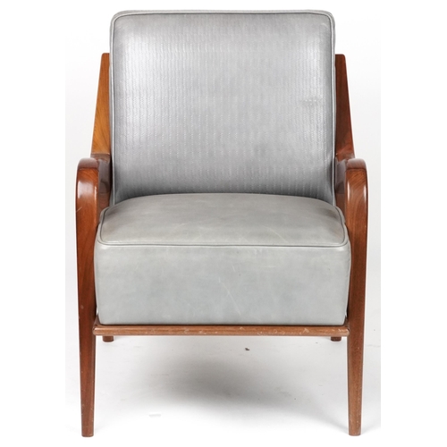 1047 - Scandinavian design hardwood lounge chair having bluish grey upholstered back and seat, 86cm H x 62.... 