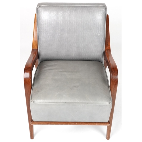 1047 - Scandinavian design hardwood lounge chair having bluish grey upholstered back and seat, 86cm H x 62.... 