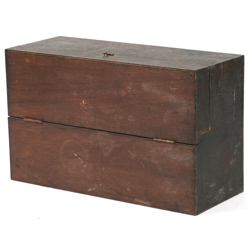 1061 - Antique and later  woodworking tools housed in a stained pine carpenter's box, 76cm wide