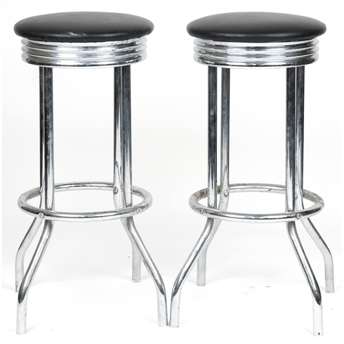 1122 - Pair of chrome breakfast bar stools with black faux leather cushioned seats, each 77cm high