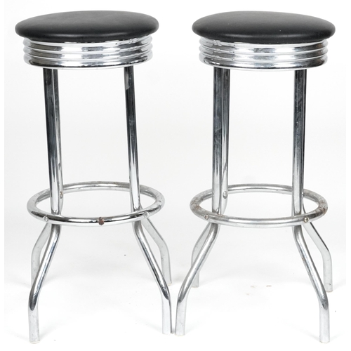 1122 - Pair of chrome breakfast bar stools with black faux leather cushioned seats, each 77cm high