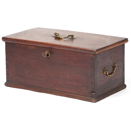 1025 - Victorian oak scroll box with brass handles, 24cm H x 50cm W x 27cm D