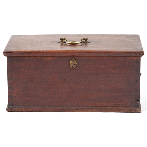 1025 - Victorian oak scroll box with brass handles, 24cm H x 50cm W x 27cm D