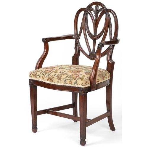 1093 - Victorian mahogany open armchair with tapestry upholstered cushioned seat on tapering legs, 98cm hig... 