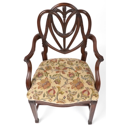 1093 - Victorian mahogany open armchair with tapestry upholstered cushioned seat on tapering legs, 98cm hig... 