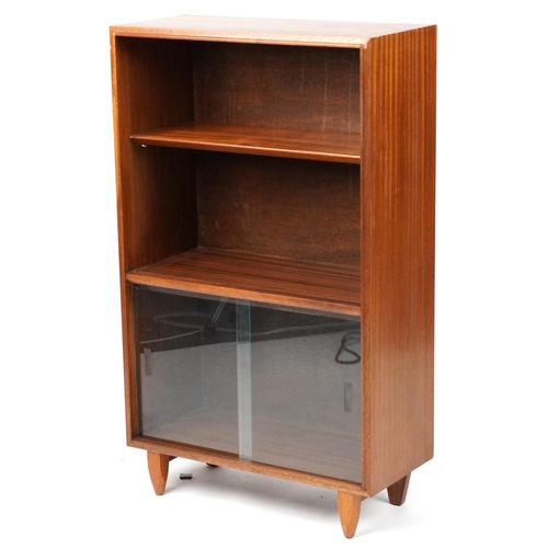 1115 - Mid century teak side cabinet with open shelf above two sliding glass doors, 101cm H x 61cm W x 27cm... 