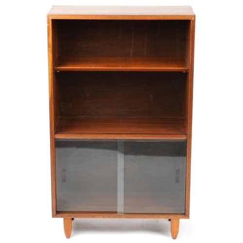 1115 - Mid century teak side cabinet with open shelf above two sliding glass doors, 101cm H x 61cm W x 27cm... 