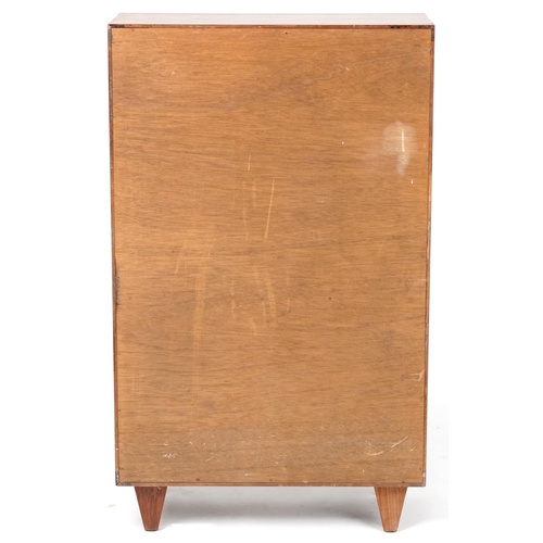 1115 - Mid century teak side cabinet with open shelf above two sliding glass doors, 101cm H x 61cm W x 27cm... 