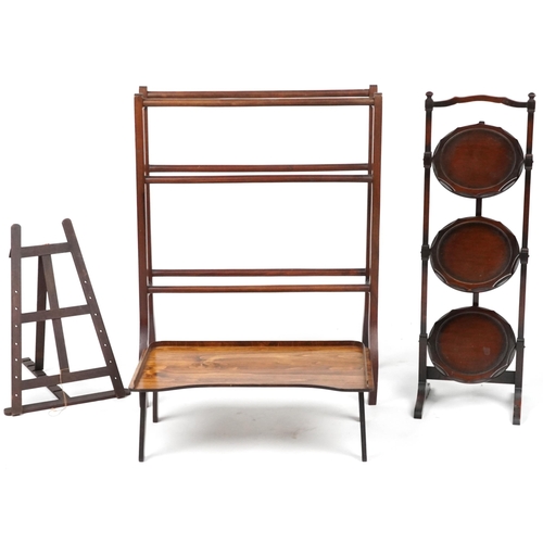 1081 - Occasional furniture including Victorian mahogany towel rail, three tier folding cake stand and fold... 