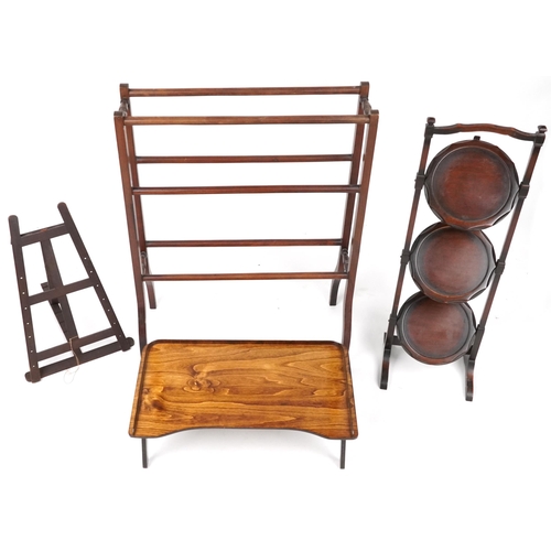 1081 - Occasional furniture including Victorian mahogany towel rail, three tier folding cake stand and fold... 