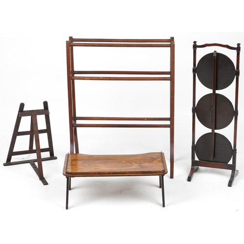 1081 - Occasional furniture including Victorian mahogany towel rail, three tier folding cake stand and fold... 