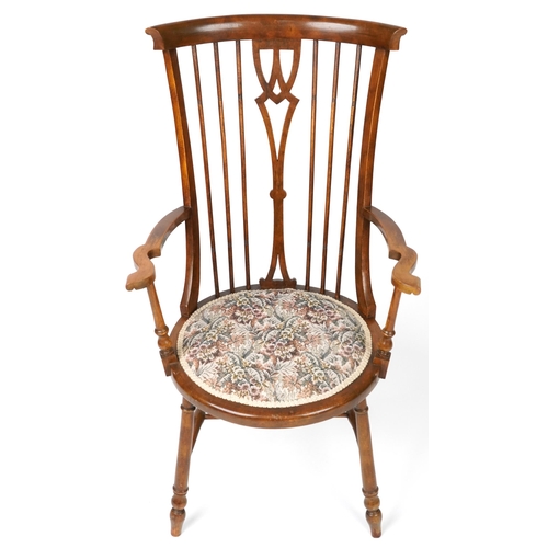 1066 - Arts & Crafts beech and elm stick back open armchair with tapestry upholstered seat, raised on turne... 