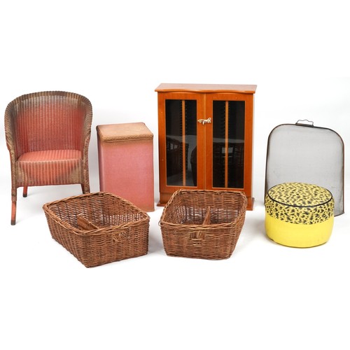 1088A - Occasional furniture including a Lloyd loom tub chair, yew wood CD rack and two wicker baskets, the ... 