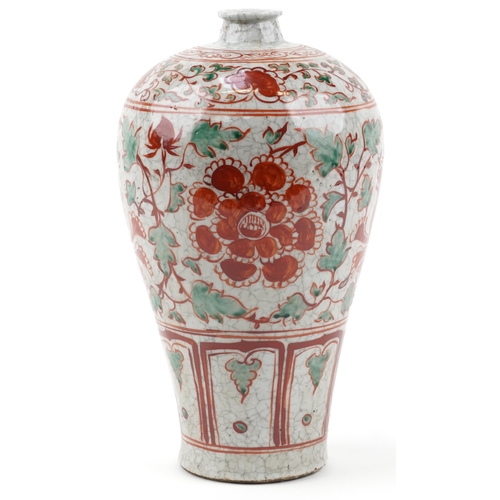 1449 - Chinese crackle glaze stoneware vase hand painted with flowers, 33cm high