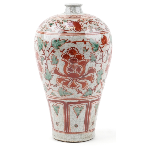 1449 - Chinese crackle glaze stoneware vase hand painted with flowers, 33cm high