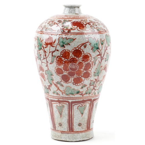 1449 - Chinese crackle glaze stoneware vase hand painted with flowers, 33cm high