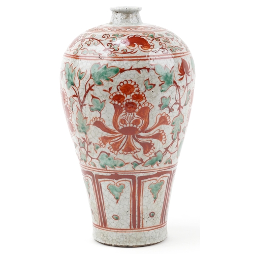 1449 - Chinese crackle glaze stoneware vase hand painted with flowers, 33cm high