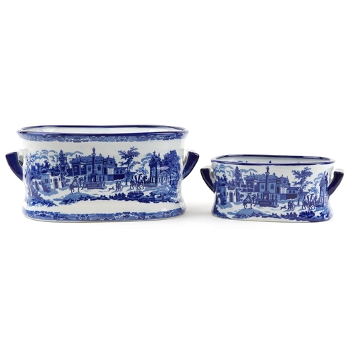 1478 - Two blue and white transfer printed porcelain foot baths with twin handles, the largest 48cm wide