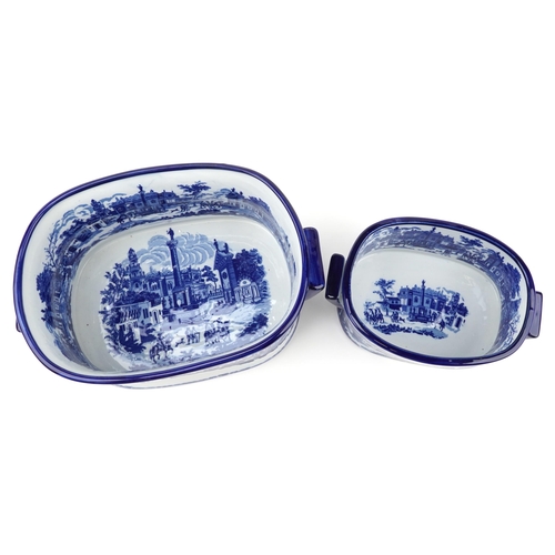 1478 - Two blue and white transfer printed porcelain foot baths with twin handles, the largest 48cm wide