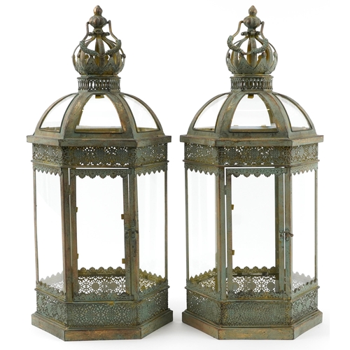 1485 - Pair of partially gilt bronzed hanging lanterns, each 62cm high