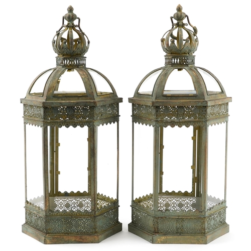 1485 - Pair of partially gilt bronzed hanging lanterns, each 62cm high