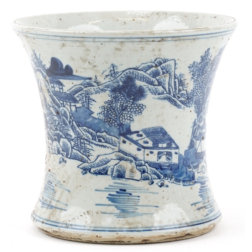 1317 - Chinese stoneware vase having waisted body hand painted with pagodas and landscapes, six figure char... 
