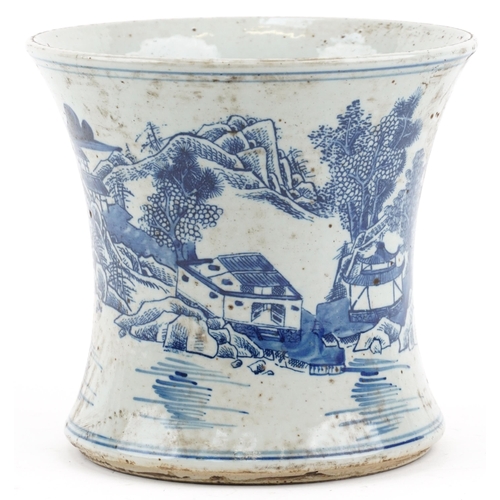 1317 - Chinese stoneware vase having waisted body hand painted with pagodas and landscapes, six figure char... 
