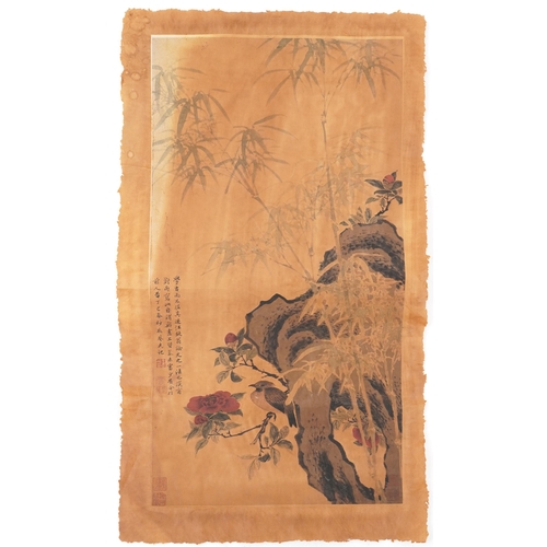 1356 - Bird of paradise amongst bamboo groves, Chinese print on paper, 66cm x 37cm