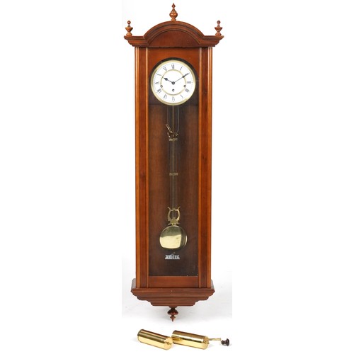 420 - Walnut regulator wall clock striking on eight rods having a circular dial with Roman numerals, 126cm... 