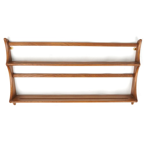 1018 - Ercol elm wall hanging two shelf plate rack, 50cm H x 96cm W x 13cm D